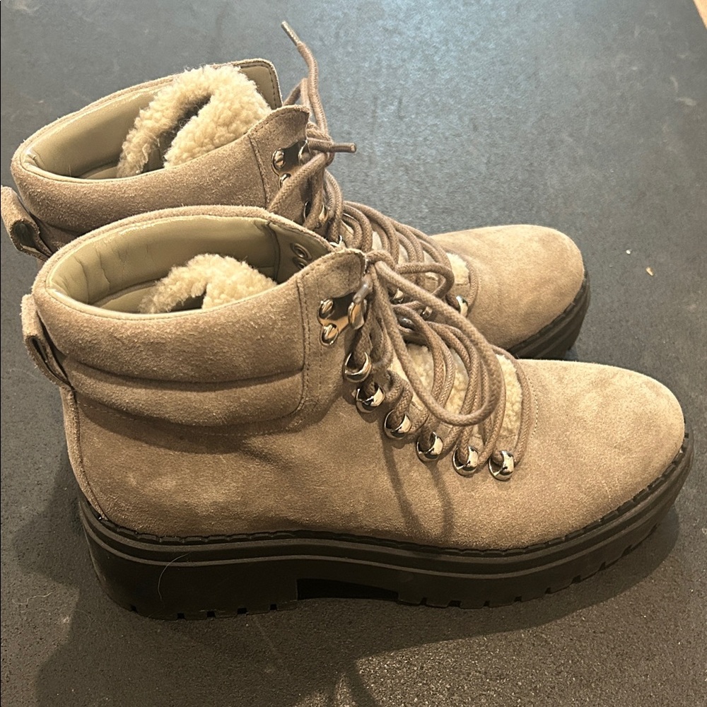 Women's Taupe Suede Lace-Up Ankle Boots with Shearling Trim
